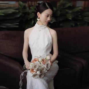定制白色恋人柔美轻婚纱名媛气质优雅改良旗袍蕾丝挂脖晚礼服斯艾