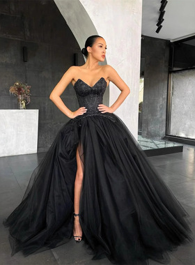 高级定制欧美豪门宴会性感抹胸黑色开衩主持年会走秀晚礼服裙朵拉