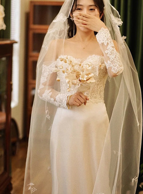 定制韩式名媛轻奢优雅一字肩轻婚纱仙女气质缎面蕾丝刺绣礼服白羽