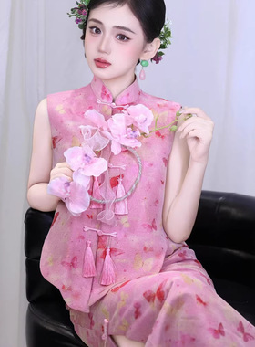 高级定制新中式复古樱花粉印花旗袍轻奢小众订婚敬酒服晨袍裙漫缘