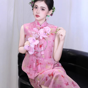 高级定制新中式复古樱花粉印花旗袍轻奢小众订婚敬酒服晨袍裙漫缘