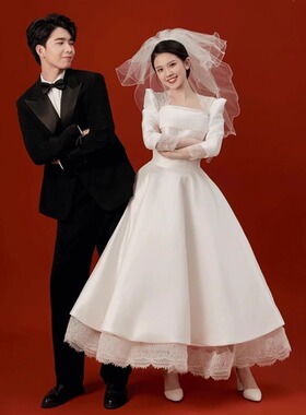 定制宫廷复古优雅端庄名媛气质缎面长袖轻婚纱订婚领证礼服菲利莎