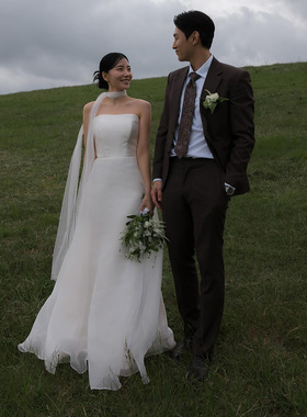 高级定制韩国名媛甜美森系抹胸欧根纱缎面旅拍超仙影楼轻婚纱锦年