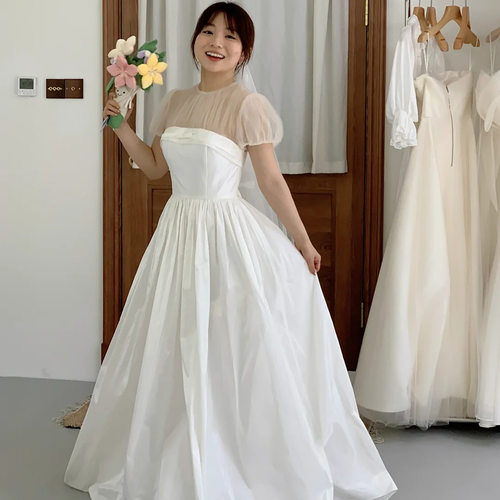 高级定制日式美少女复古甜美风圆领超仙绝美齐地塔夫绸轻婚纱锦年
