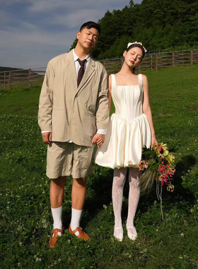 高级定制韩国千金面短款双肩鱼骨户外旅拍领证礼服蓬蓬裙婚纱锦年