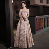 高端定制时尚 名媛优雅气质蝴蝶结一字肩奢华拖尾缎面晚礼服裙白羽