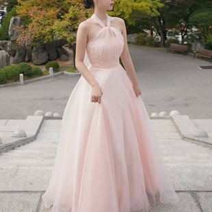 高级定制韩系少女风欧根纱超仙挂脖优雅气质宴会主持晚礼服裙锦年