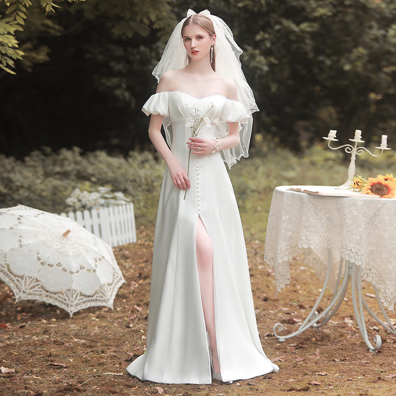 定制法式浪漫少女婚纱简约优质缎面一字肩领证小礼服裙出门纱长久