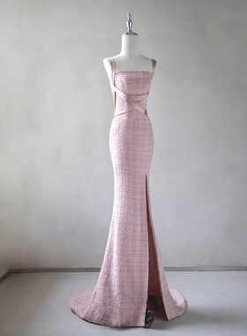 定制名媛小香风宴会晚礼服裙吊带鱼尾性感开叉新娘结婚敬酒服虎丘