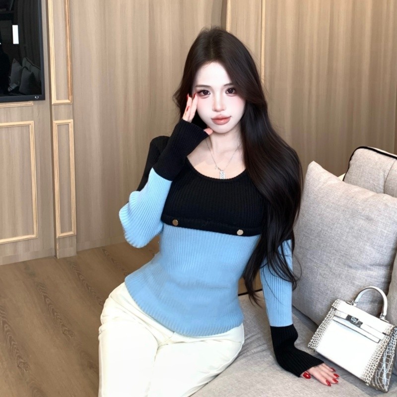 洋气时髦撞色针织衫女韩系修身正肩打底衫早秋氛围感穿搭上衣,女装/女士精品,毛针织衫,淘宝优惠券,粉丝福利购,淘宝优惠卷