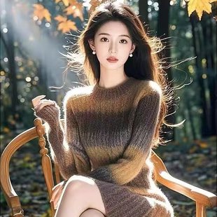 超好看咖色毛衣连衣裙女秋冬2025新款法式收腰显身材内搭打底长裙