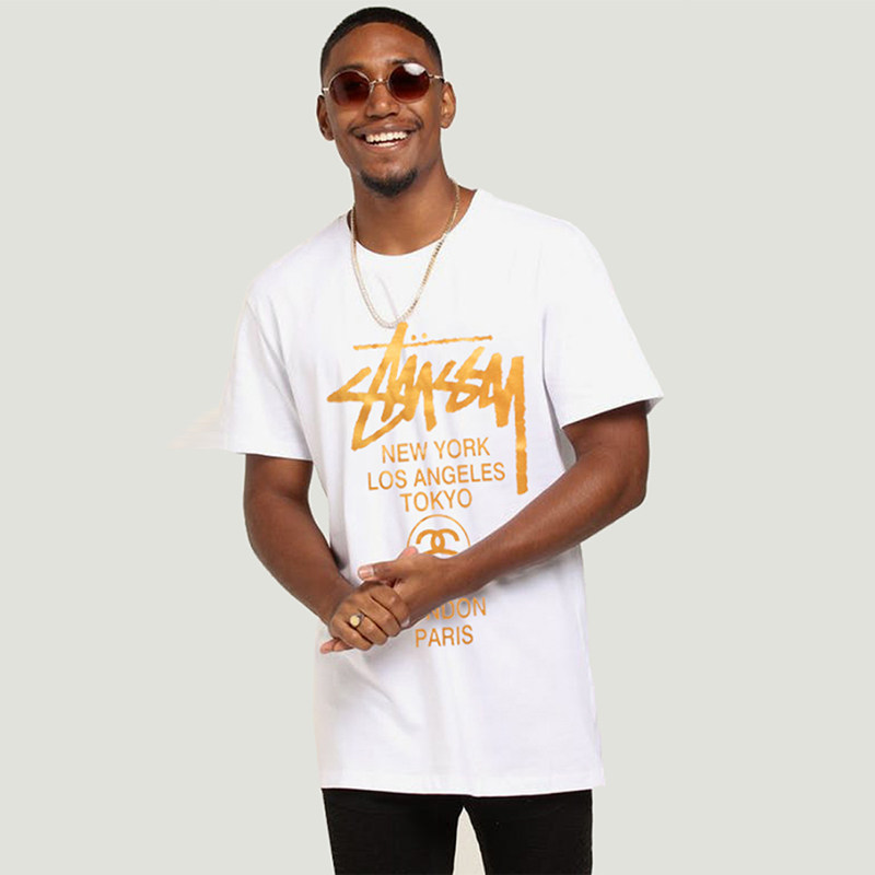 stussy短袖男2020新款夏季烫金世界巡游欧美个性印花圆领宽松T恤