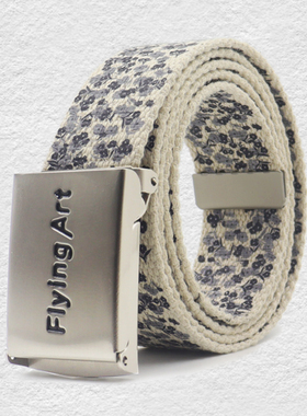 复古蓝色碎花帆布腰带女士ins潮流年轻人免打孔皮带男小众自动扣
