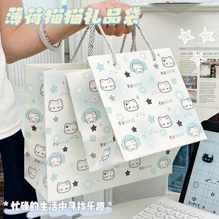 高颜值薄荷猫咪礼品袋ins风大容量加厚手提袋精致节日送礼手提袋