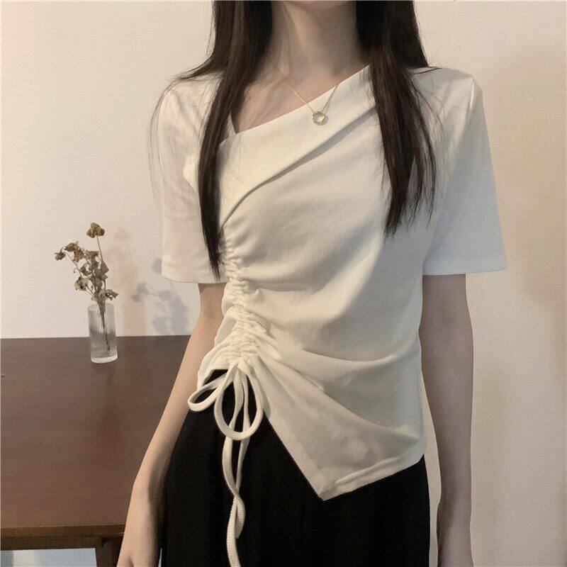 白色斜领正肩短袖t恤女夏抽绳不规则设计感修身外穿T恤别致上衣