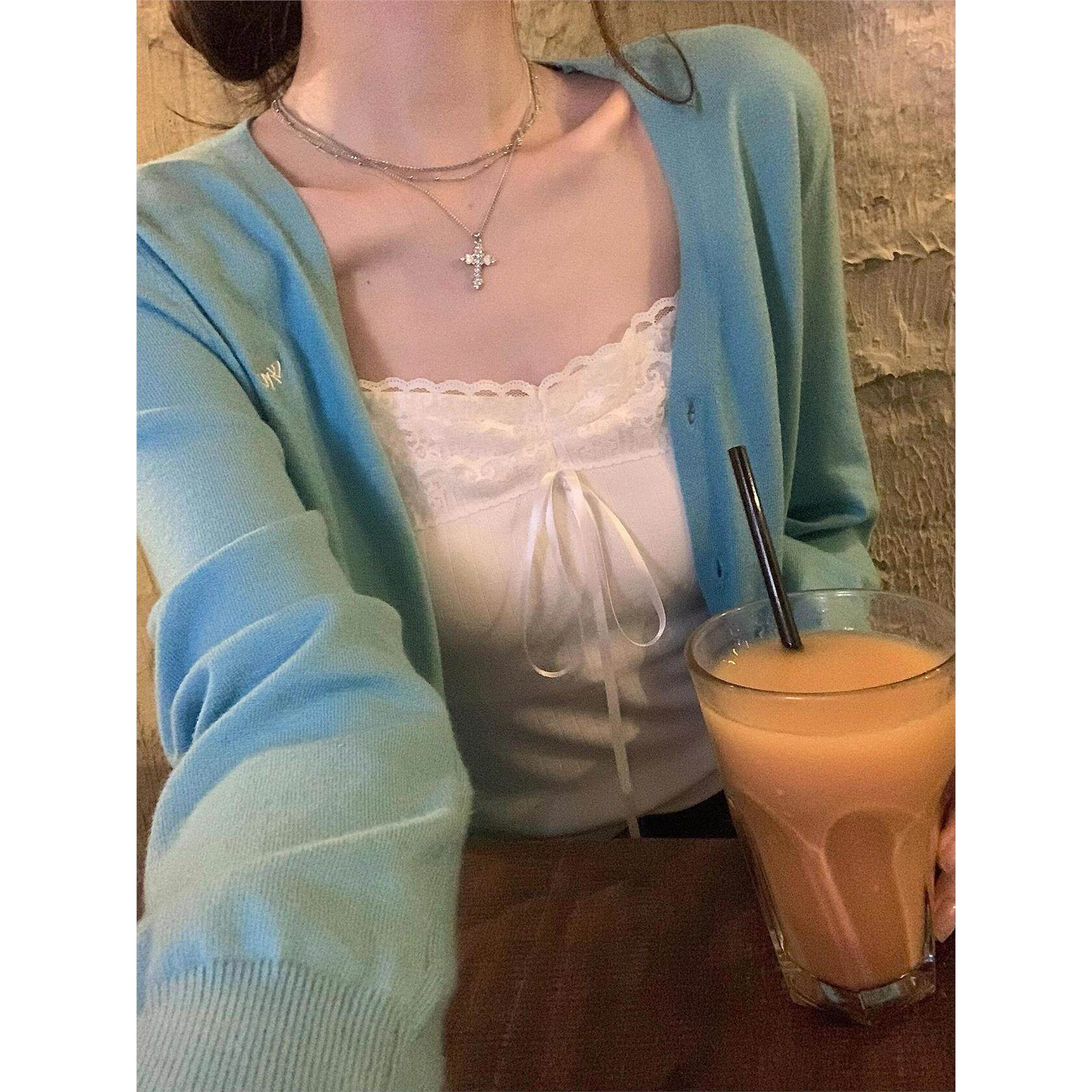 韩系早秋穿搭上衣针织开衫别致氛围感蕾丝吊带背心长袖罩衫两件套