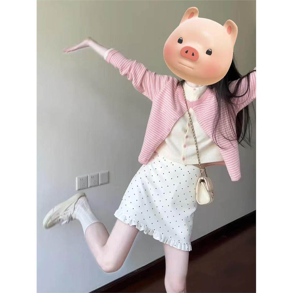 粉色条纹假两件针织衫女早秋季氛围感短款开衫毛衣外套高级感上衣