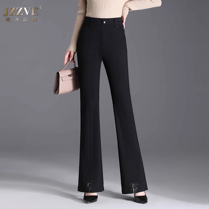 时髦烫钻修身微喇裤女士春秋季高腰中年加大码胖MM显瘦喇叭西装裤