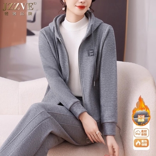 加绒卫衣套装女秋冬加厚运动服春宽松时尚洋气显瘦连帽休闲两件套