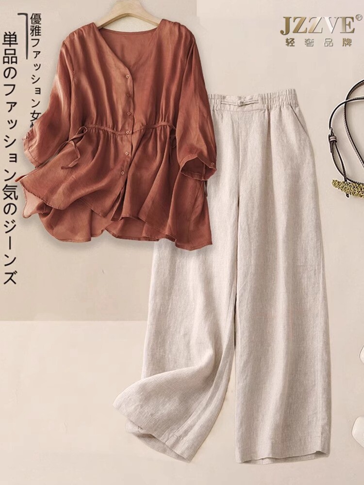 休闲套装女妈妈春夏季新款时尚洋气夏装彷棉麻上衣裤子妈妈两件套