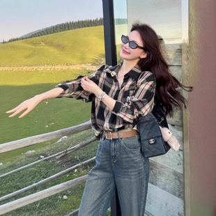 学院风黑红撞色格纹长袖衬衫外套女早秋穿搭配吊带的防晒开衫上衣