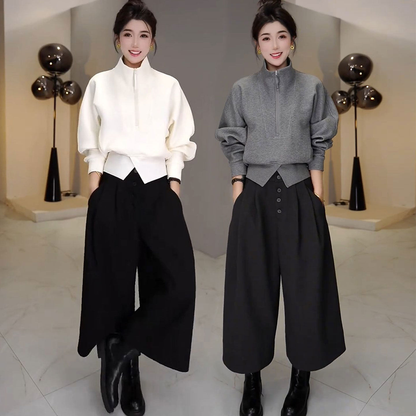 休闲慵懒风半拉链卫衣高腰阔腿八分裤两件套女秋冬减龄显瘦套装潮,女装/女士精品,时尚套装,淘宝优惠券,粉丝福利购,淘宝优惠卷