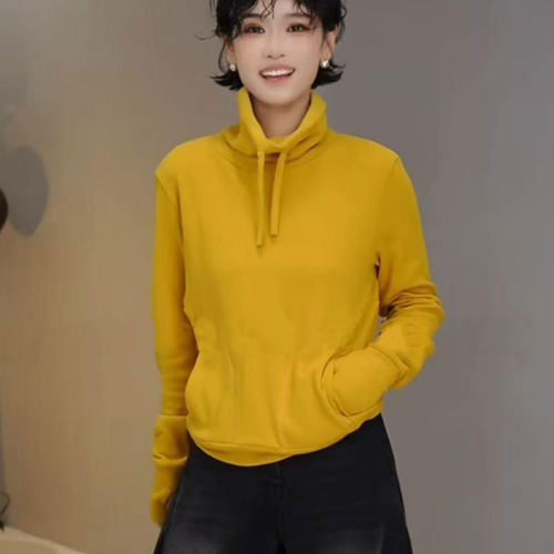 2025秋冬季设计感抽绳高领弹力宽松显瘦双面德绒保暖卫衣打底衫女