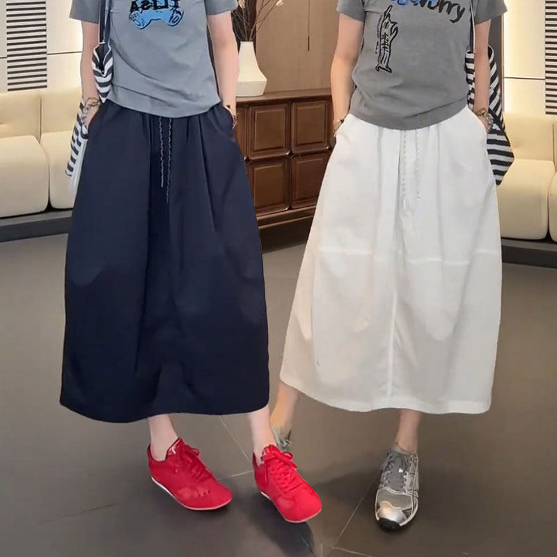 美式抽绳工装半身裙女夏2026新款高腰显瘦A字裙宽松中长款灯笼裙