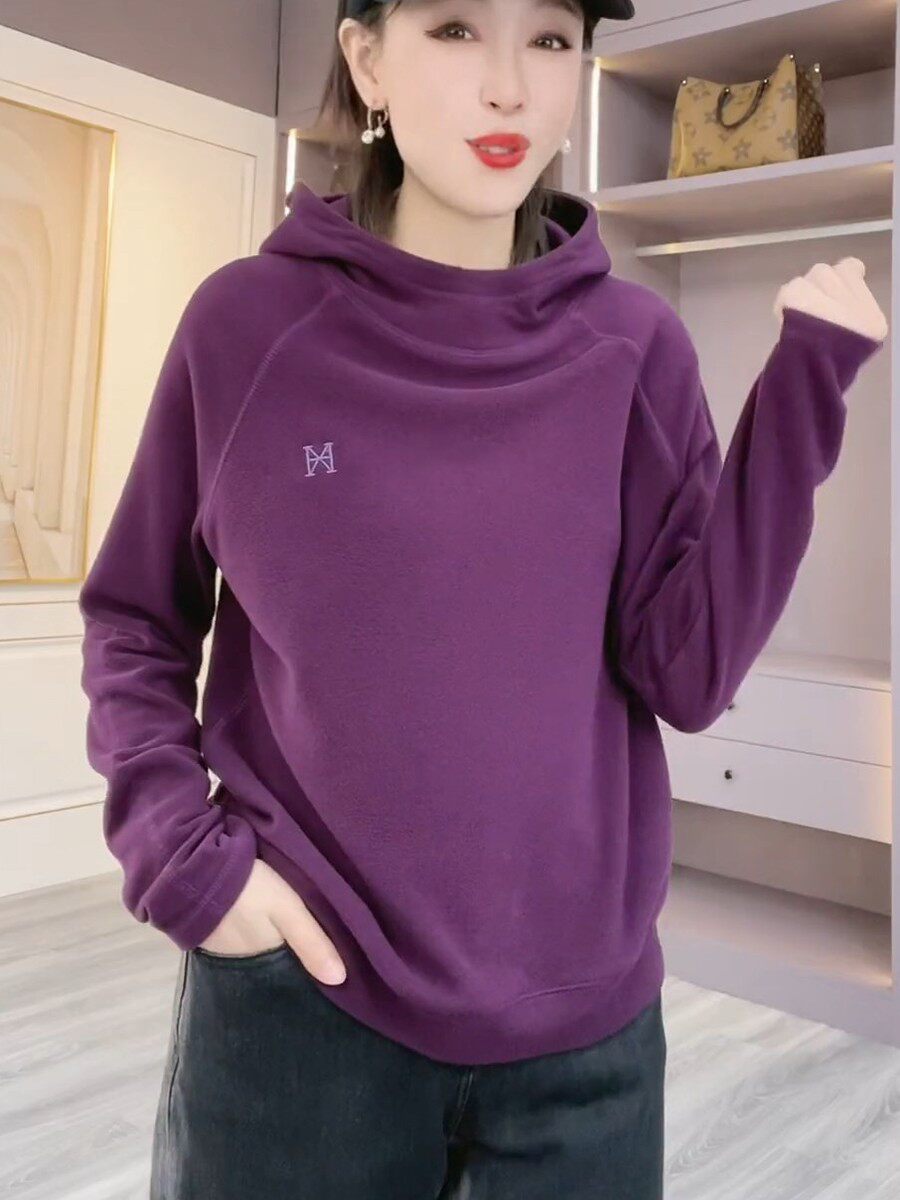 时尚秋冬新款百搭洋气双面德绒连帽卫衣女士上衣休闲爆款高领帽衫