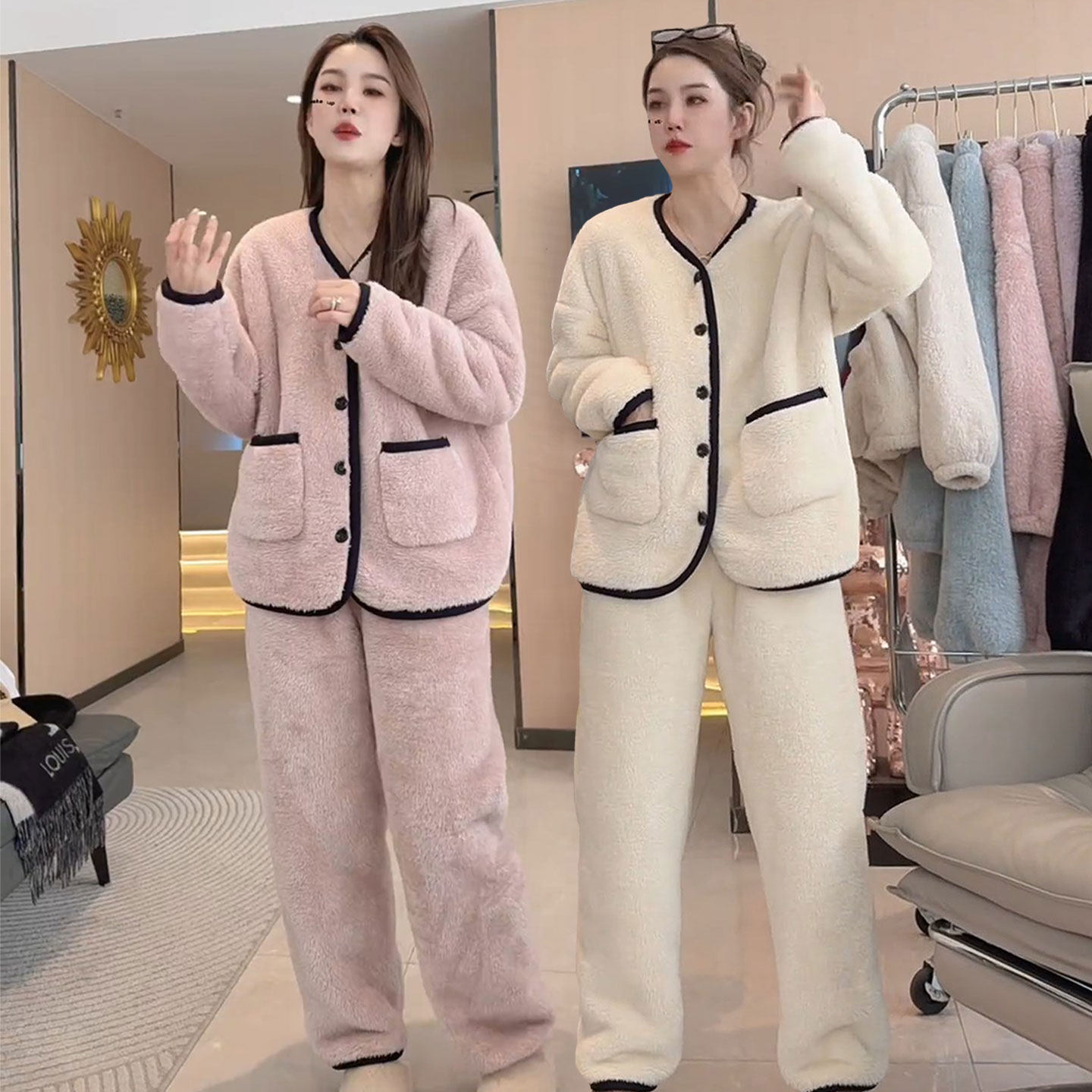 可外穿秋冬新款时尚珊瑚绒睡衣女外套韩版宽松加厚家居服两件套装