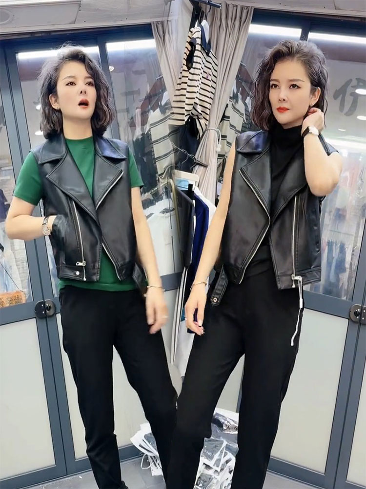 梵魅琳拉链短款西装领皮马甲