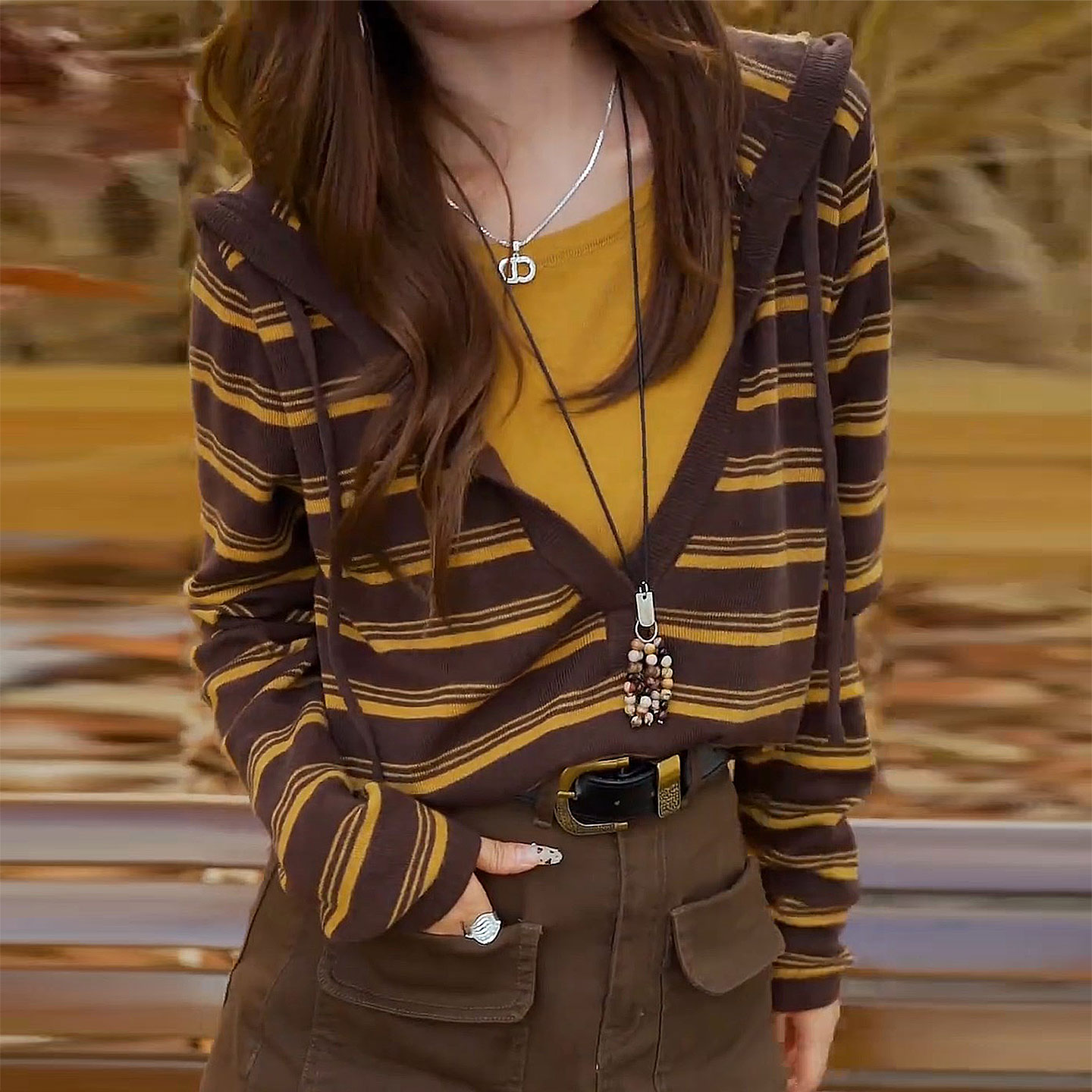 韩版复古条纹撞色连帽针织衫女2025秋季新款修身显瘦假两件上衣潮