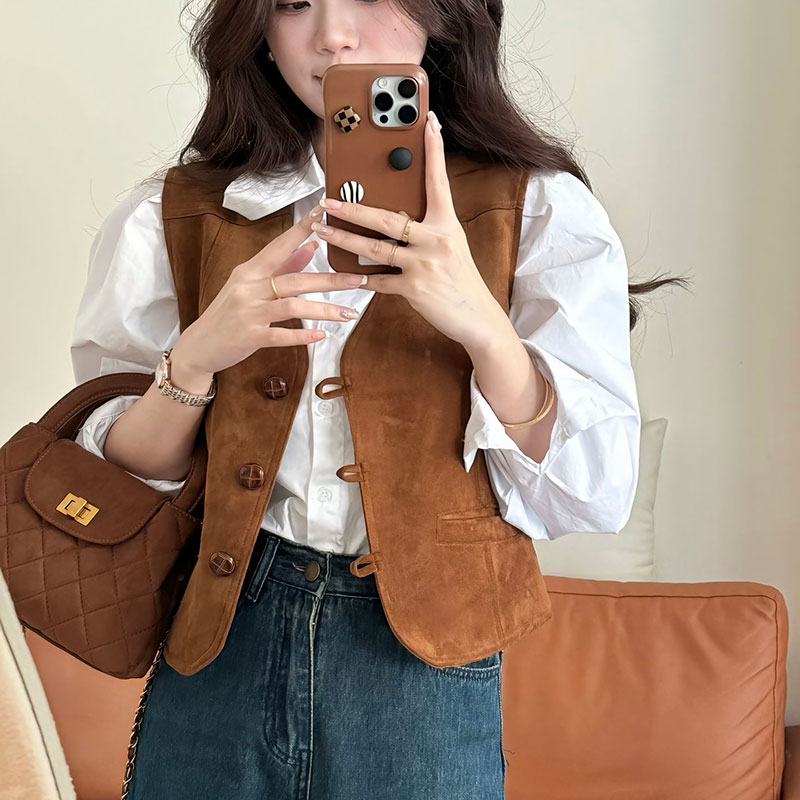 韩系复古仿鹿皮绒咖色西装马甲外套女春秋季美拉德穿搭短款马夹潮