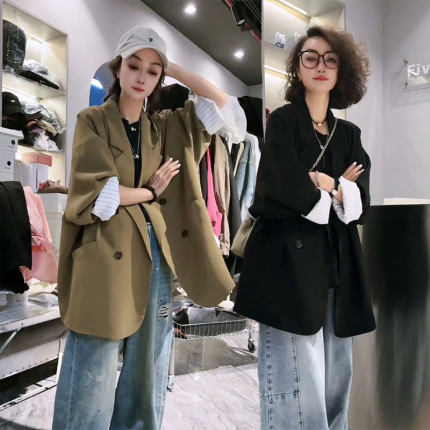 欧货气质休闲西装外套女2025年春秋新款宽松时尚中长款双排扣西服