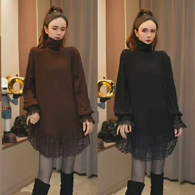 秋冬新款别致高领洋气胖mm显瘦中长款蕾丝拼接慵懒风内搭打底小衫
