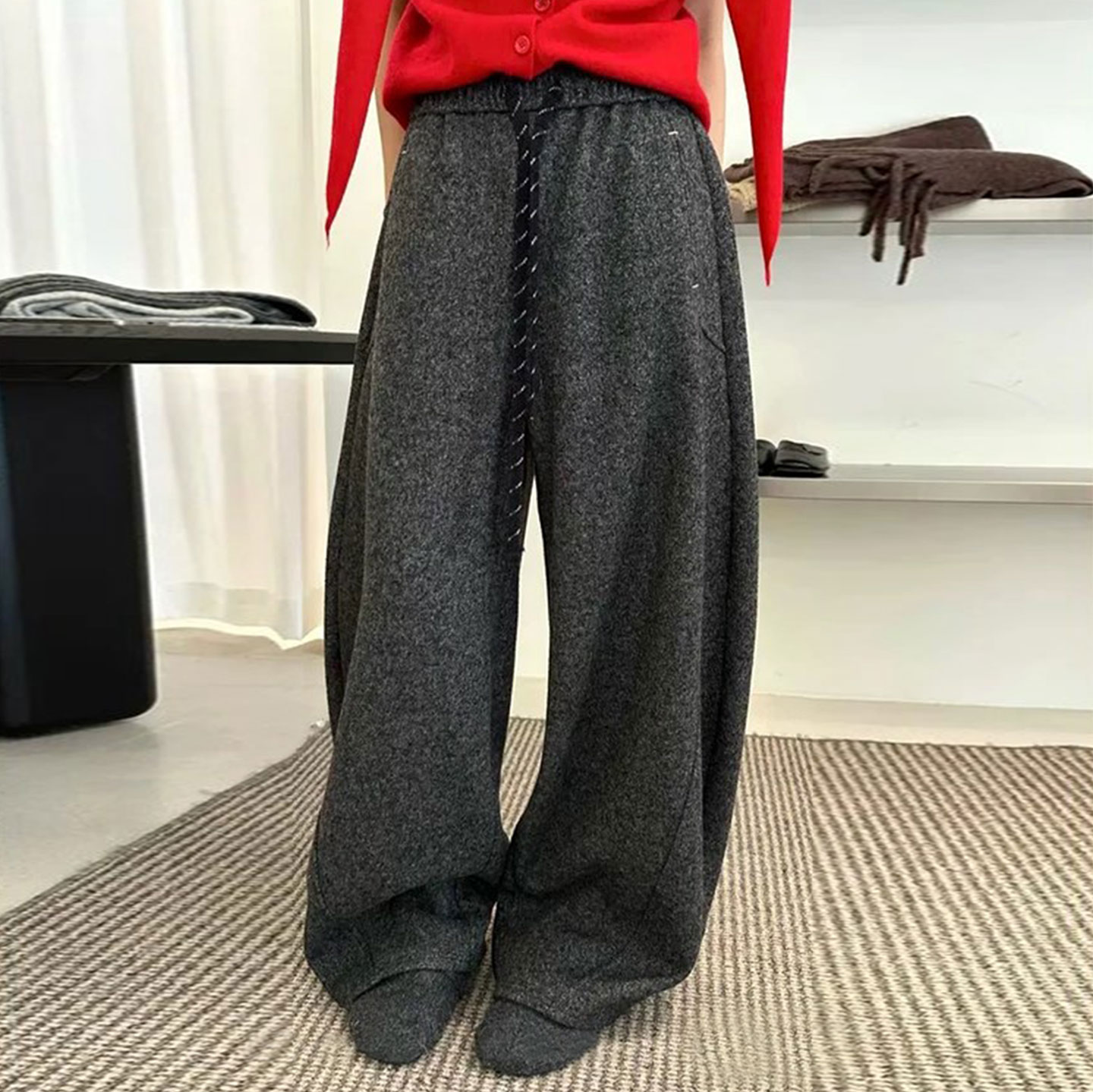 直筒抽绳加绒阔腿裤女2025冬季新时尚高腰弯刀裤显瘦休闲拖地裤潮