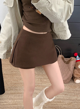 咖啡色毛呢裙裤半身裙女2025冬新款百搭a字裙低腰开叉侧拉链短裙