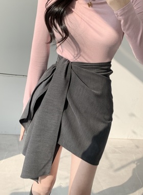 灰色一片式系带半身裙女夏季纯色显瘦小众设计感西装短裙子可调节