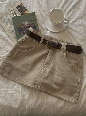卡其色口袋半身裙女2025新款百搭a字裙高腰显瘦裙裤腰带包臀短裙