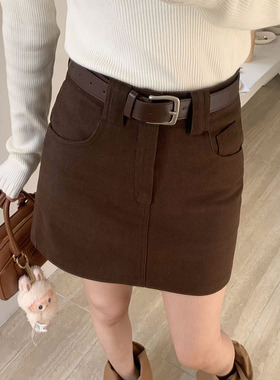 咖啡色腰带半身裙女2025秋季新款百搭显瘦a字裙防走光口袋短裙子
