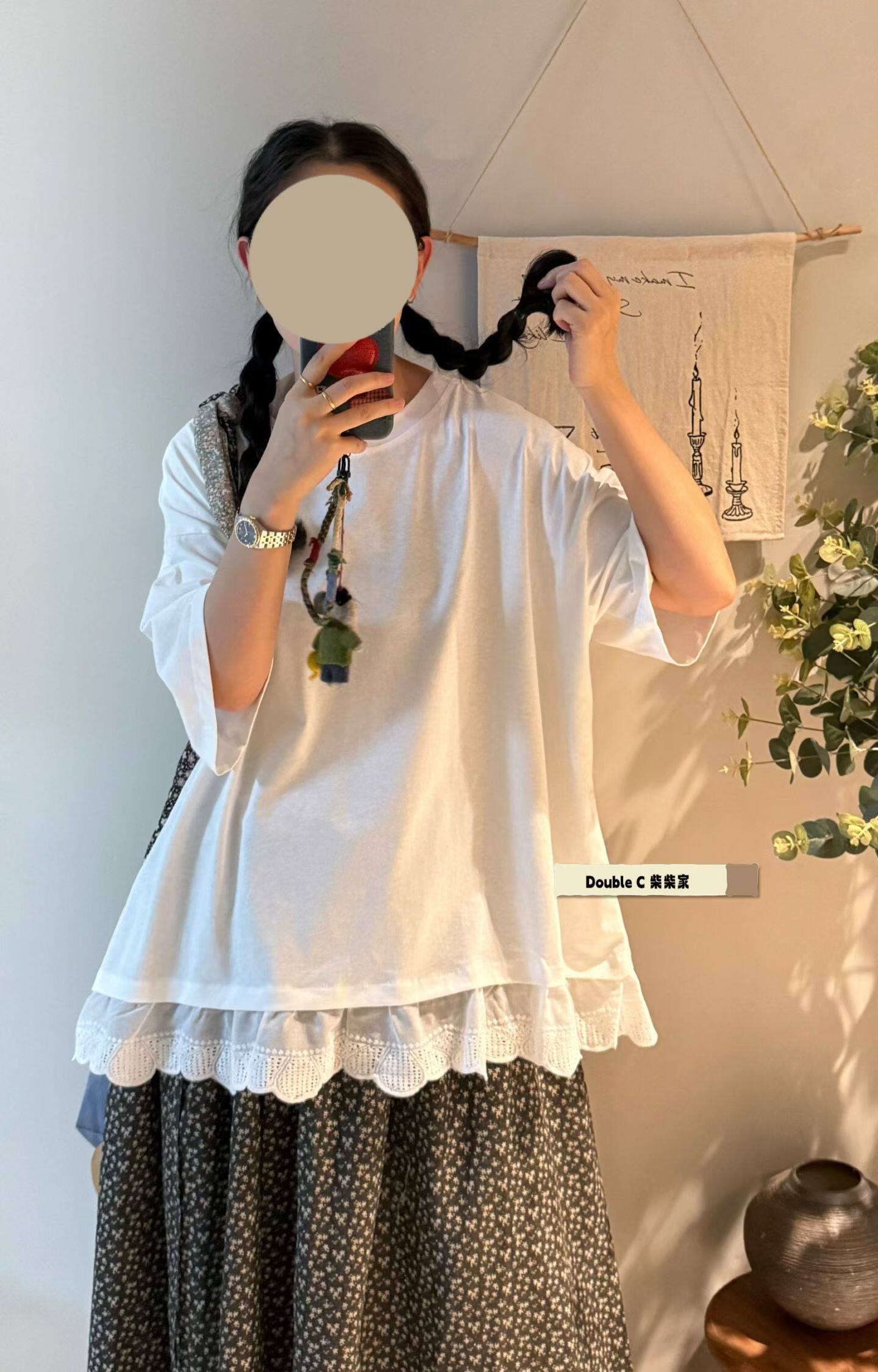 日系拼接蕾丝花边白色T恤女宽松慵懒风短袖上衣