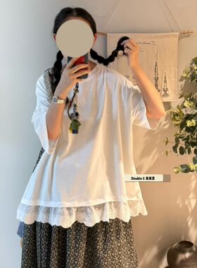 日系拼接蕾丝花边白色T恤女宽松慵懒风短袖上衣