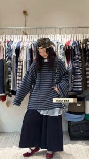 森女风横条纹毛衣女大廓形宽松阔袖中式小绑带圆领套头针织上衣