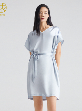 流素』丝侬真丝睡裙女士短袖国风系带蝙蝠袖宽松V领桑蚕丝睡衣