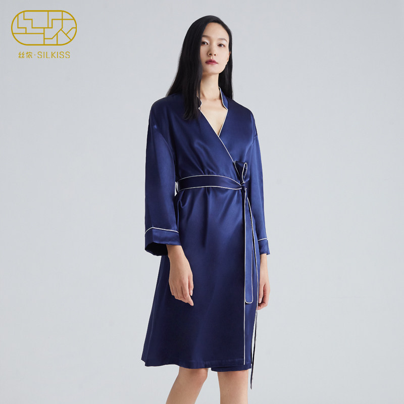 丝侬真丝睡袍女款睡衣长袖中长款中式立领桑蚕丝外袍