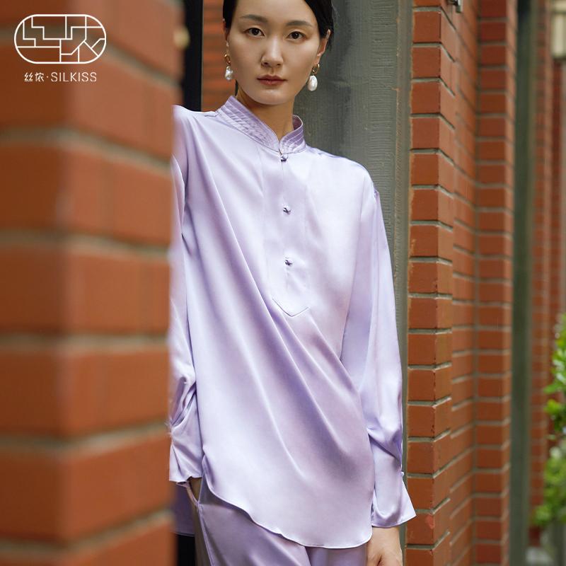 时予』丝侬真丝睡衣女款长袖套装新中式立领丝绸桑蚕丝家居服女士