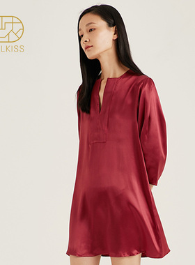 流慧』丝侬中式真丝睡裙女士睡衣裙红泡泡袖性感丝绸桑蚕丝家居服
