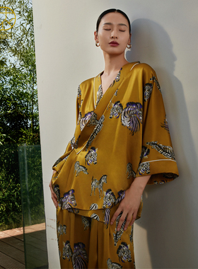 丝侬中式真丝睡衣女系带套装水墨斑马九分袖宽松对襟中国风居家服