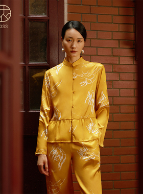 丝侬真丝睡衣女款长袖套装新中式立领丝绸桑蚕丝家居服女士时也