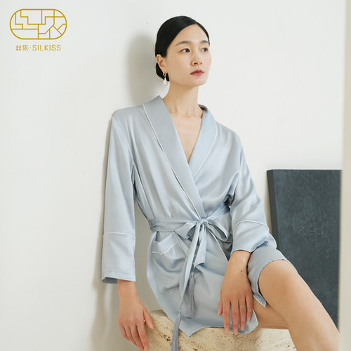 丝侬中式流苏腰带桑蚕丝短款睡袍